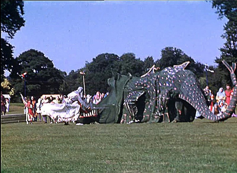 St George slaying the pageant dragon in St Albans, 1953